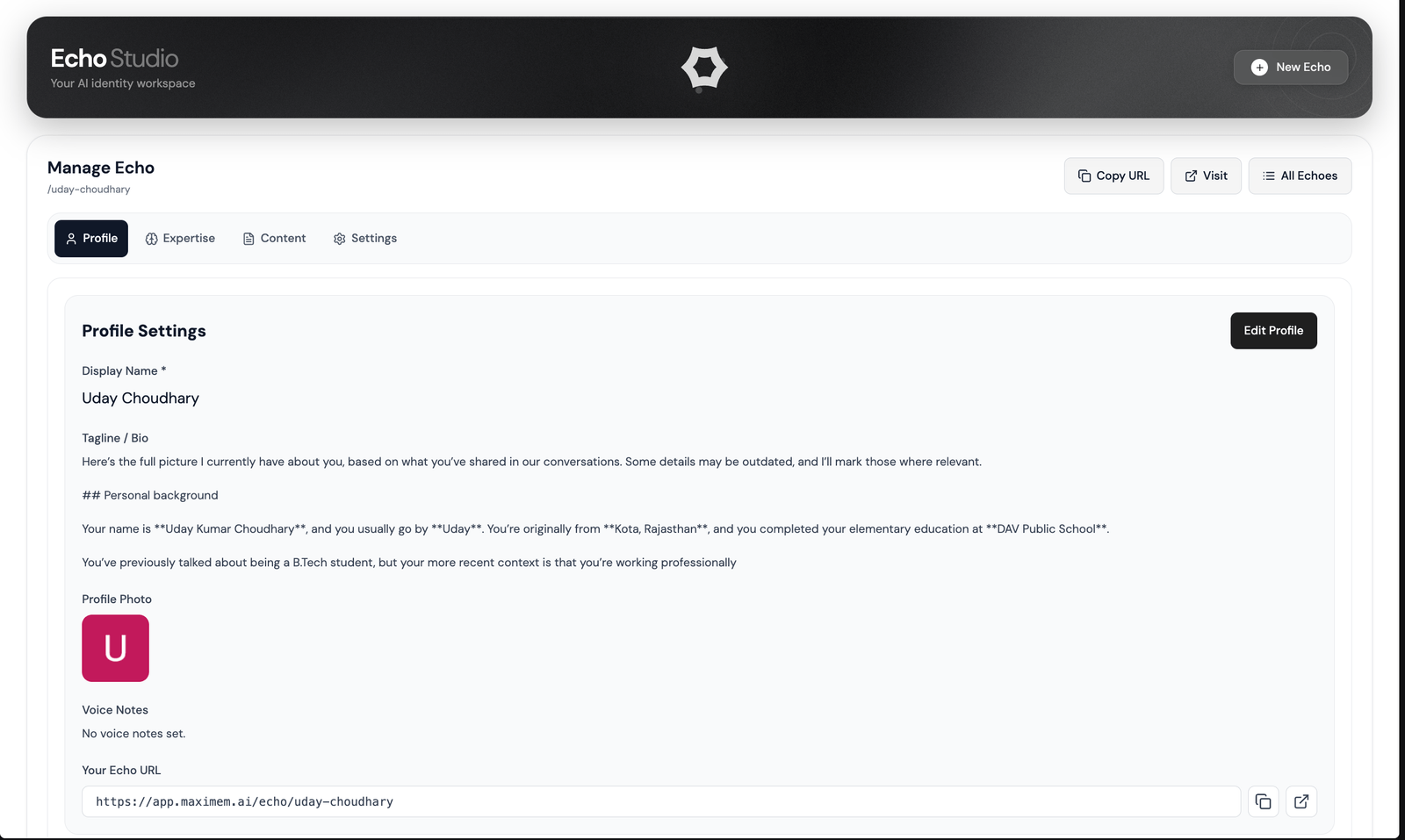 The Echo Studio management screen with Profile, Expertise, Content and Settings tabs, showing an auto-generated bio and the Echo's public URL.
