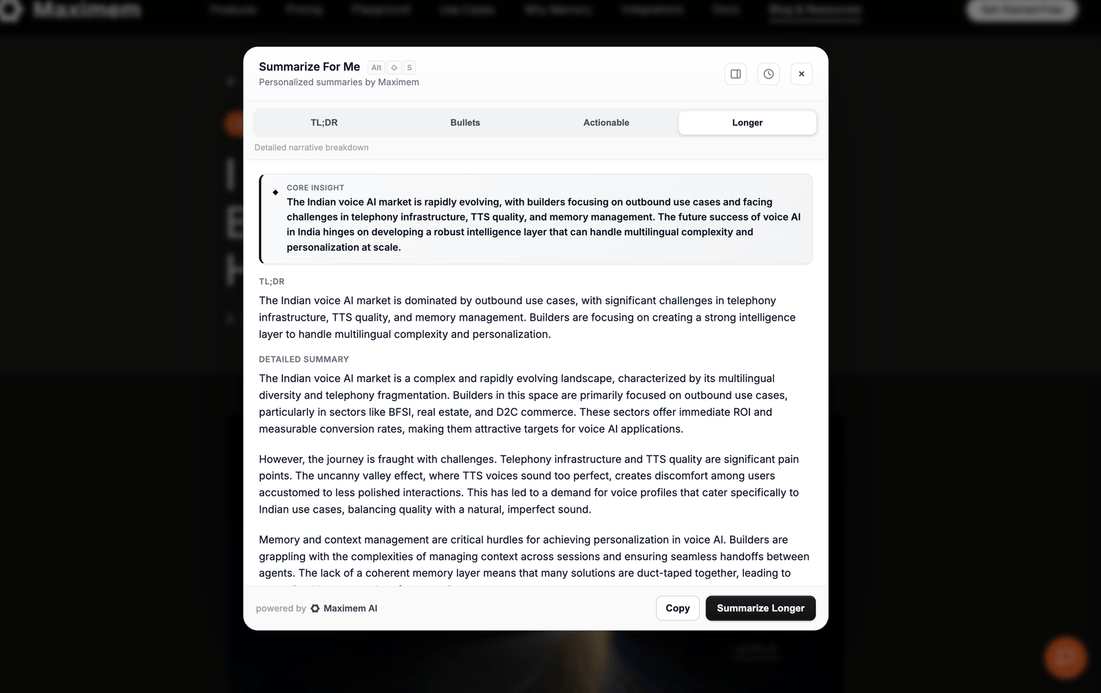 The Summarize For Me panel with TL;DR, Bullets, Actionable and Longer tabs, showing a core insight above a TL;DR and a detailed summary.