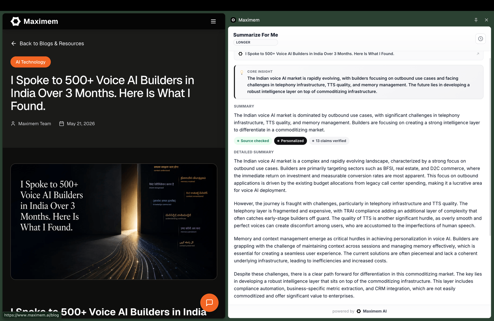 Summarize For Me open in a browser side panel next to an article, showing Source checked, Personalized and claims verified badges above the summary.